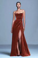 Load image into Gallery viewer, Burgundy Velvet Long Strapless Holiday Party Dress with Slit