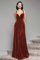 Load image into Gallery viewer, Burgundy Mermaid Velvet Thick Straps Ruched Long Holiday Party Dress