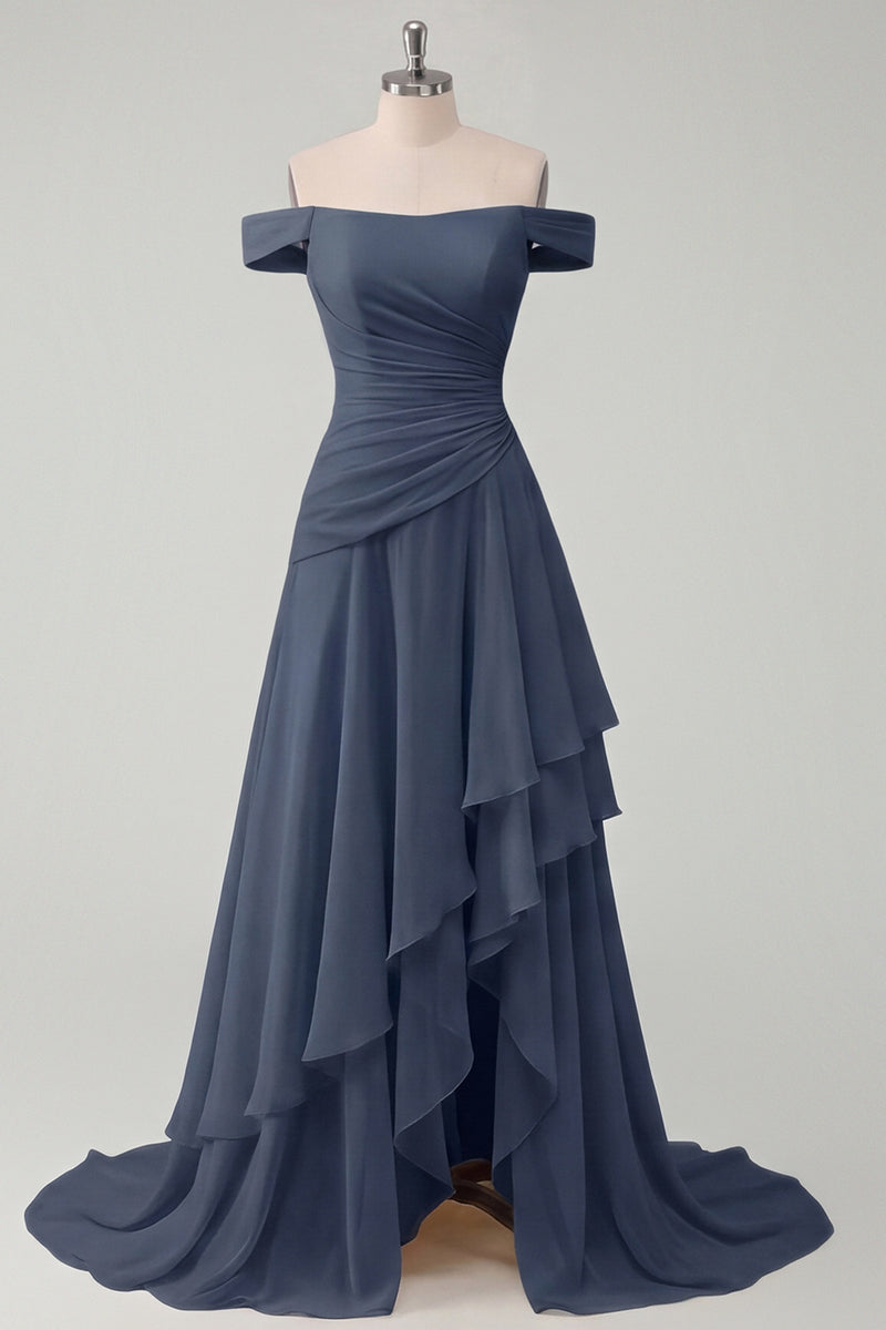 Load image into Gallery viewer, A Line Ruched Off the Shoulder Butter Yellow Ruffled Prom Dress with Slit