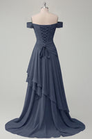 Load image into Gallery viewer, A Line Ruched Off the Shoulder Butter Yellow Ruffled Prom Dress with Slit