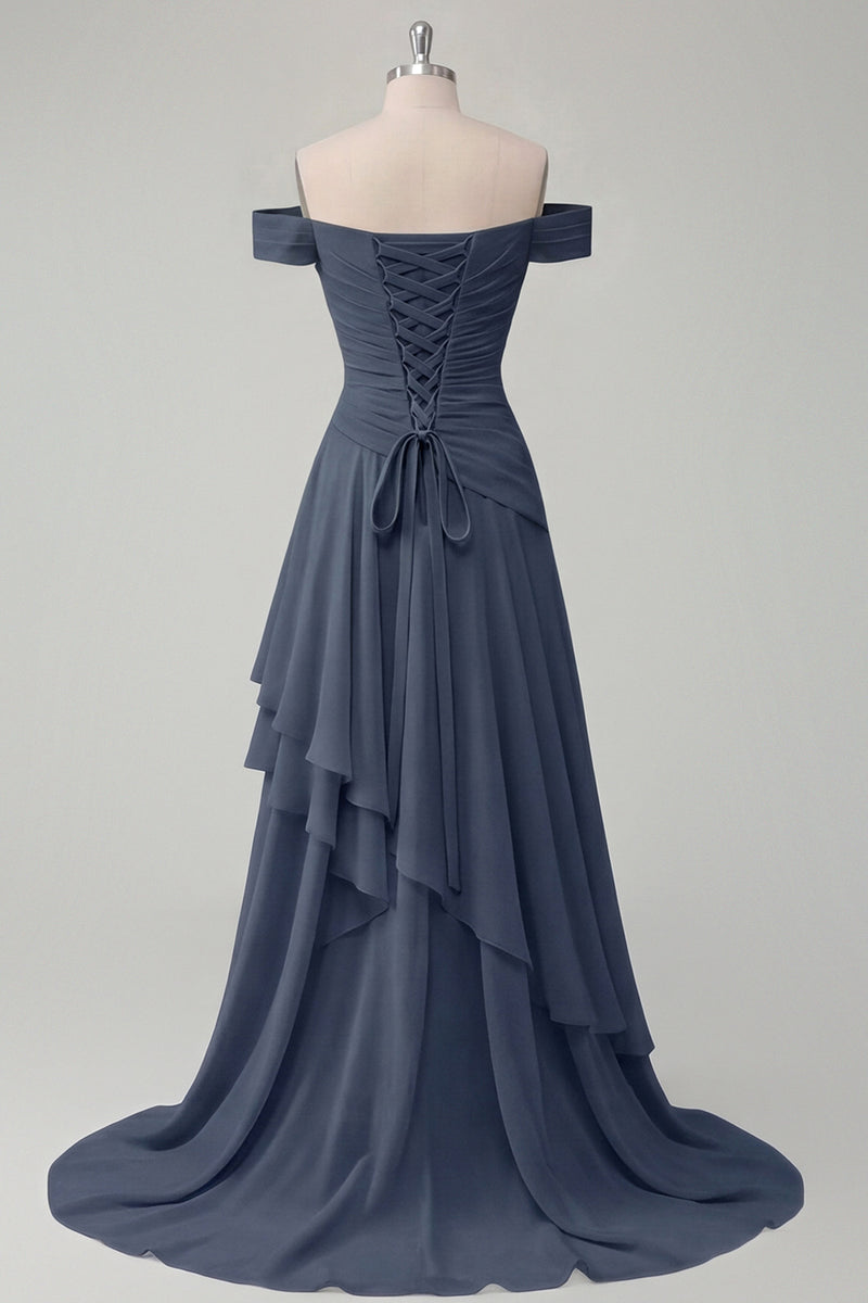 Load image into Gallery viewer, A Line Ruched Off the Shoulder Butter Yellow Ruffled Prom Dress with Slit