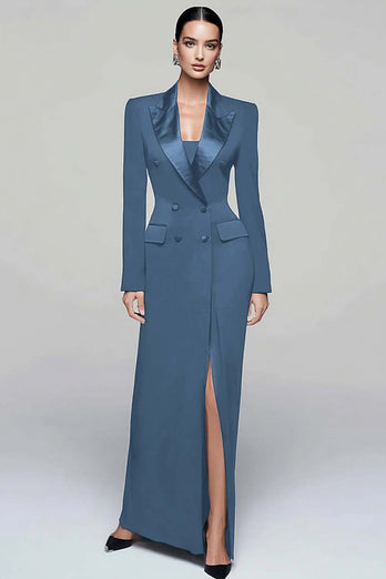 Black Peak Lapel Double Breasted Pencil Long Blazer Dress with Sleeves
