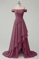 Load image into Gallery viewer, A Line Ruched Off the Shoulder Butter Yellow Ruffled Prom Dress with Slit