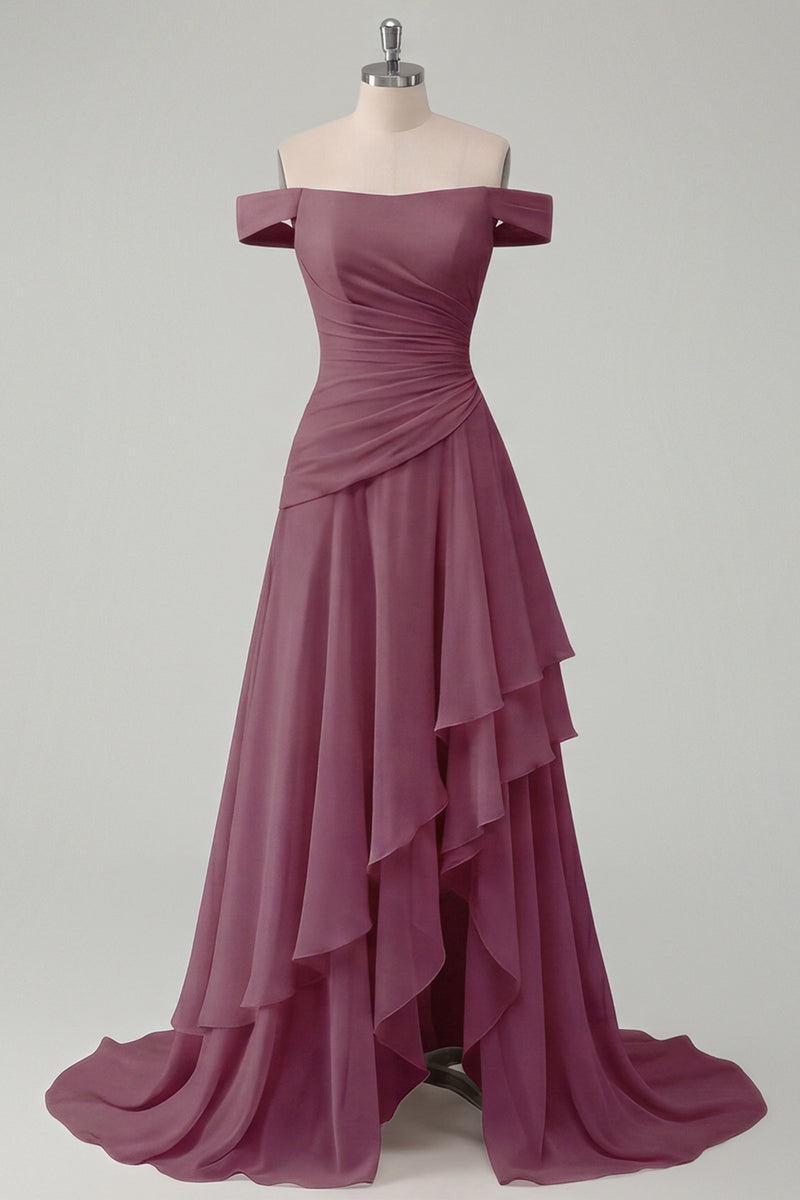 Load image into Gallery viewer, A Line Ruched Off the Shoulder Butter Yellow Ruffled Prom Dress with Slit