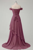 Load image into Gallery viewer, A Line Ruched Off the Shoulder Butter Yellow Ruffled Prom Dress with Slit