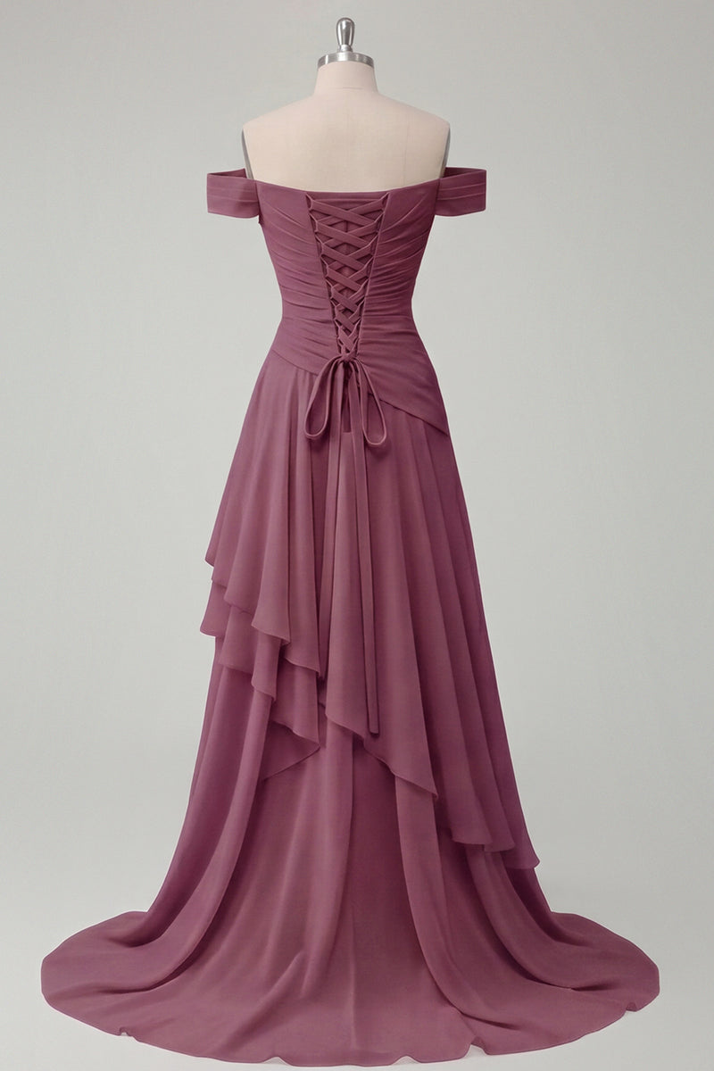 Load image into Gallery viewer, A Line Ruched Off the Shoulder Butter Yellow Ruffled Prom Dress with Slit