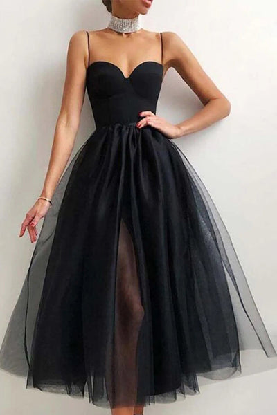 Women Black A-line Tea Length Prom Dress Spaghetti Straps Tulle Cocktail Dress