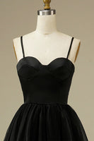 Load image into Gallery viewer, Black A-Line Spaghetti Straps Tulle Tea Length Prom Dress