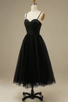 Load image into Gallery viewer, Black A-Line Spaghetti Straps Tulle Tea Length Prom Dress