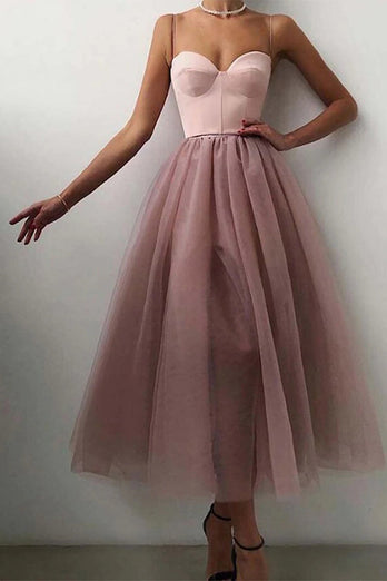 Women Blush A-line Tea Length Prom Dress Spaghetti Straps Tulle Cocktail Dress