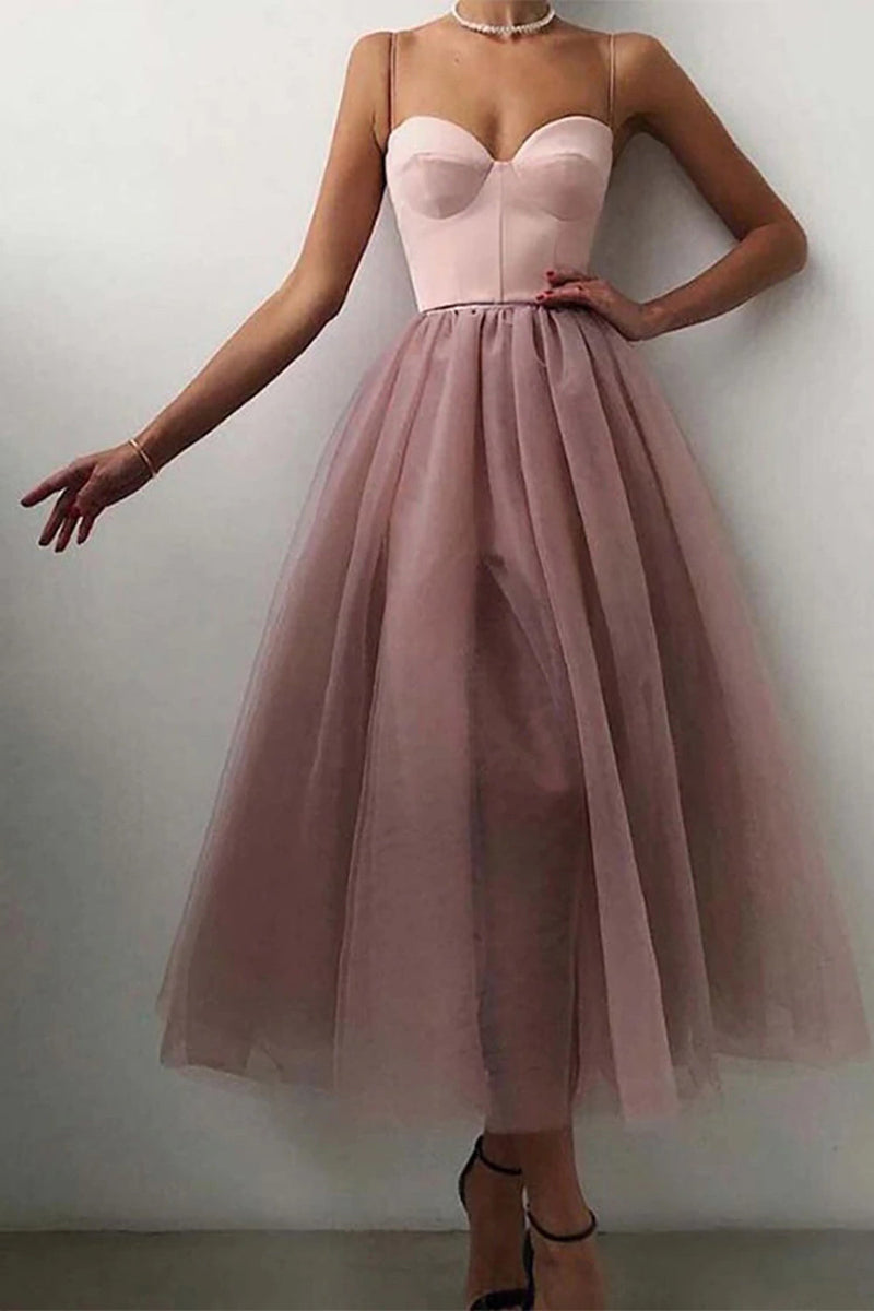Load image into Gallery viewer, Women Blush A-line Tea Length Prom Dress Spaghetti Straps Tulle Cocktail Dress