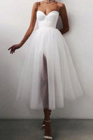 Load image into Gallery viewer, Women White A-line Tea Length Prom Dress Spaghetti Straps Tulle Cocktail Dress
