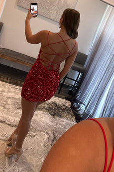 Red Tight Sequins Backless Party Dress