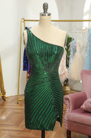 Load image into Gallery viewer, Glitter Dark Green One Shoulder Beaded Tight Party Dress