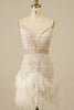 Load image into Gallery viewer, Women Sparkly White Tight Short Prom Dress with Feathers Spaghetti Straps Sequined Appliques Cocktail Dress