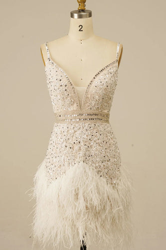 Women Sparkly White Tight Short Prom Dress with Feathers Spaghetti Straps Sequined Appliques Cocktail Dress