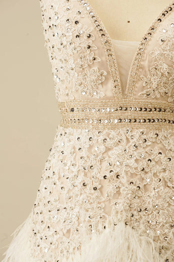 Sparkly White Sequined Appliques Tight Short Prom Dress with Feathers