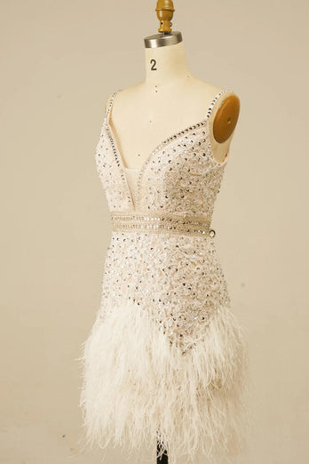 Sparkly White Sequined Appliques Tight Short Prom Dress with Feathers