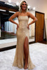 Load image into Gallery viewer, Sequins Spaghetti Straps Sheath Golden Prom Dress with Slit