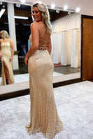 Load image into Gallery viewer, Sequins Spaghetti Straps Sheath Golden Prom Dress with Slit