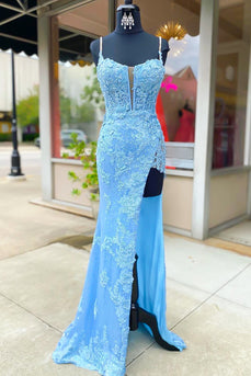 Glitter Sky Blue Mermaid Floral Feathered Cold Shoulder Long Prom Dress with Slit