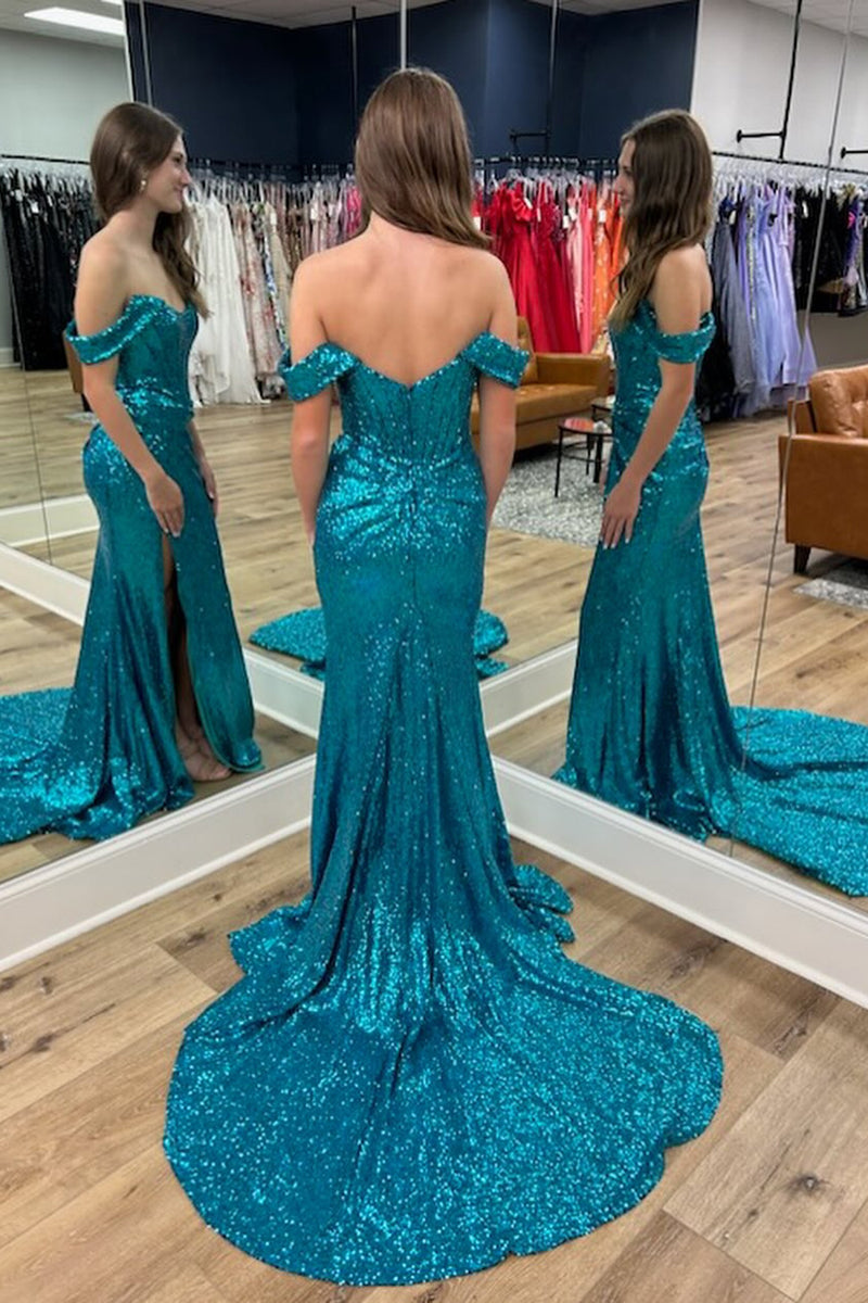 Load image into Gallery viewer, Turquoise Off Shoulder Mermaid Prom Dress with Slit