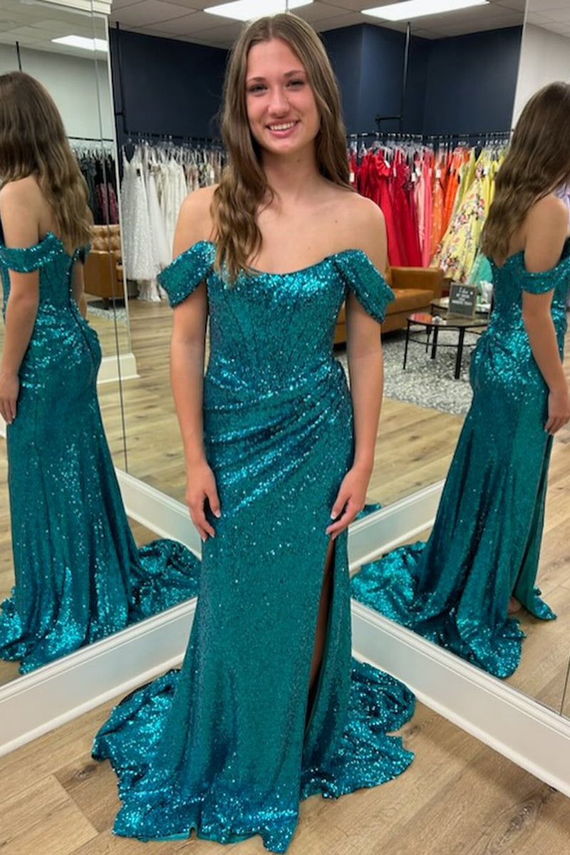 Queendancer Women Sparkly Off Shoulder Mermaid Prom Dress Blue Sequins
