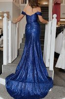 Load image into Gallery viewer, Turquoise Off Shoulder Mermaid Prom Dress with Slit