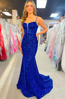 Load image into Gallery viewer, Sparkly Royal Blue Mermaid Spaghetti Straps Long Prom Dress