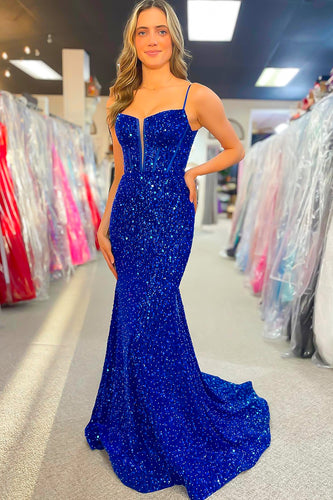 Sparkly Royal Blue Mermaid Spaghetti Straps Long Prom Dress