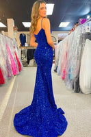 Load image into Gallery viewer, Sparkly Royal Blue Mermaid Spaghetti Straps Long Prom Dress