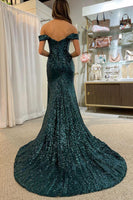 Load image into Gallery viewer, Turquoise Off Shoulder Mermaid Prom Dress with Slit