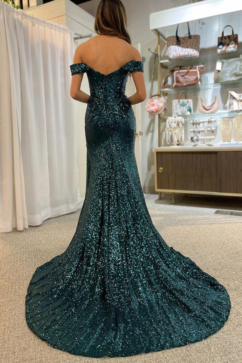 Load image into Gallery viewer, Turquoise Off Shoulder Mermaid Prom Dress with Slit