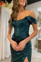 Load image into Gallery viewer, Turquoise Off Shoulder Mermaid Prom Dress with Slit