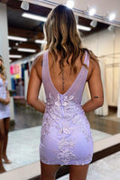 Load image into Gallery viewer, Sparkly Lilac Flowers Appliques Tight V Neck Short Prom Dress