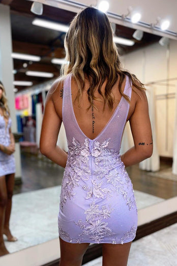 Sparkly Lilac Flowers Appliques Tight V Neck Short Prom Dress