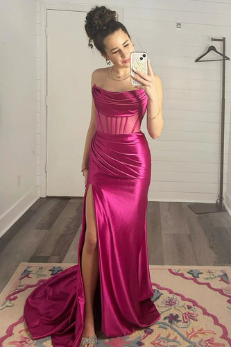 Simple Fuchsia Mermaid Strapless Corset Long Prom Dress with Slit