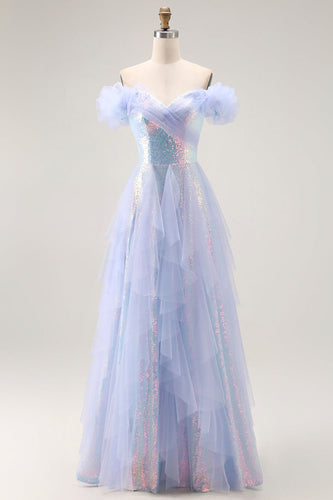 Sparkly Light Blue Off the Shoulder Long Sequin Prom Dress with Ruffles