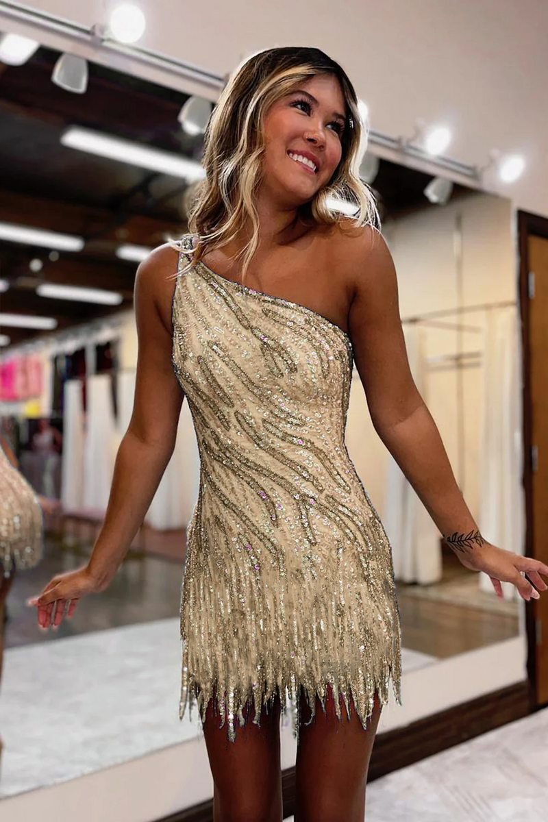 Load image into Gallery viewer, Women Glitter Golden Sequins One Shoulder Tight Short Party Dress with Fringe Sleeveless Prom Dress
