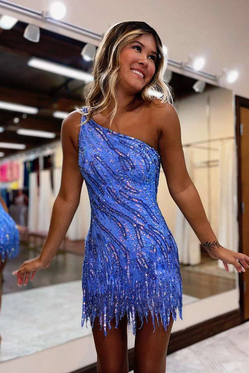 Load image into Gallery viewer, Women Glitter Blue One Shoulder Tight Short Sequins Fringed Party Dress Sleeveless Prom Dress