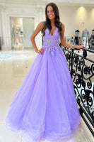 Load image into Gallery viewer, Turquoise A-Line V-Neck Tulle Long Prom Dress with Lace