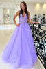 Load image into Gallery viewer, Turquoise A-Line V-Neck Tulle Long Prom Dress with Lace