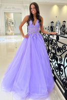 Load image into Gallery viewer, Turquoise A-Line V-Neck Tulle Long Prom Dress with Lace