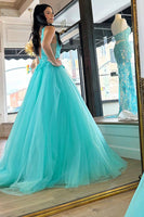 Load image into Gallery viewer, Turquoise A-Line V-Neck Tulle Long Prom Dress with Lace