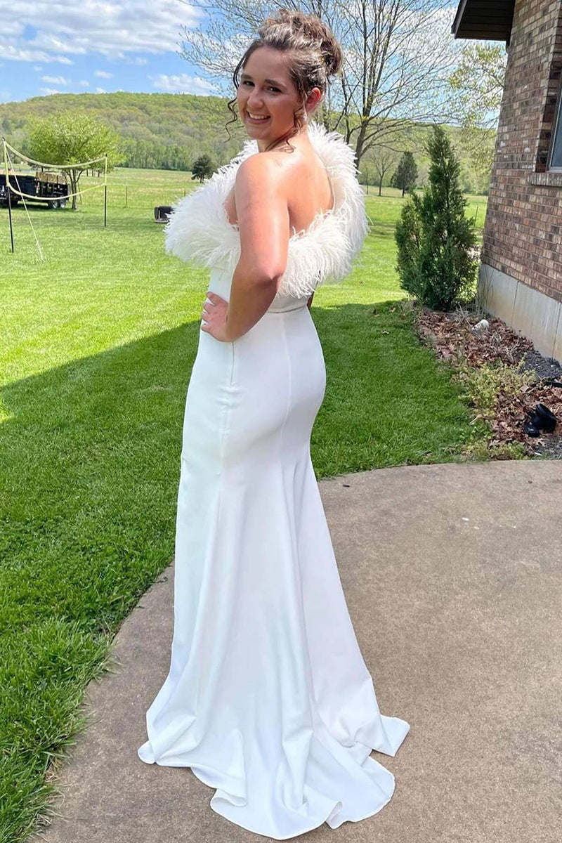 Load image into Gallery viewer, Mermaid One Shoulder White Prom Dress with Feathers