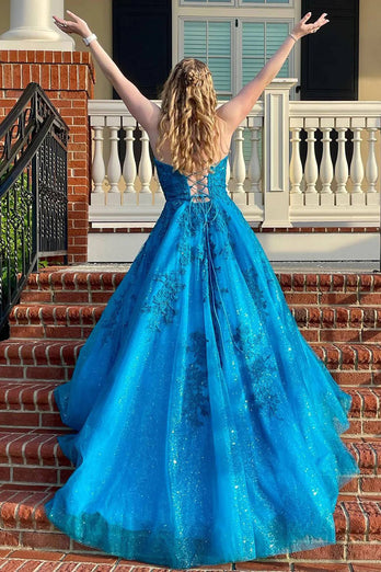 Glitter A-Line Lace-Up Back Blue Ball Gown with Appliques