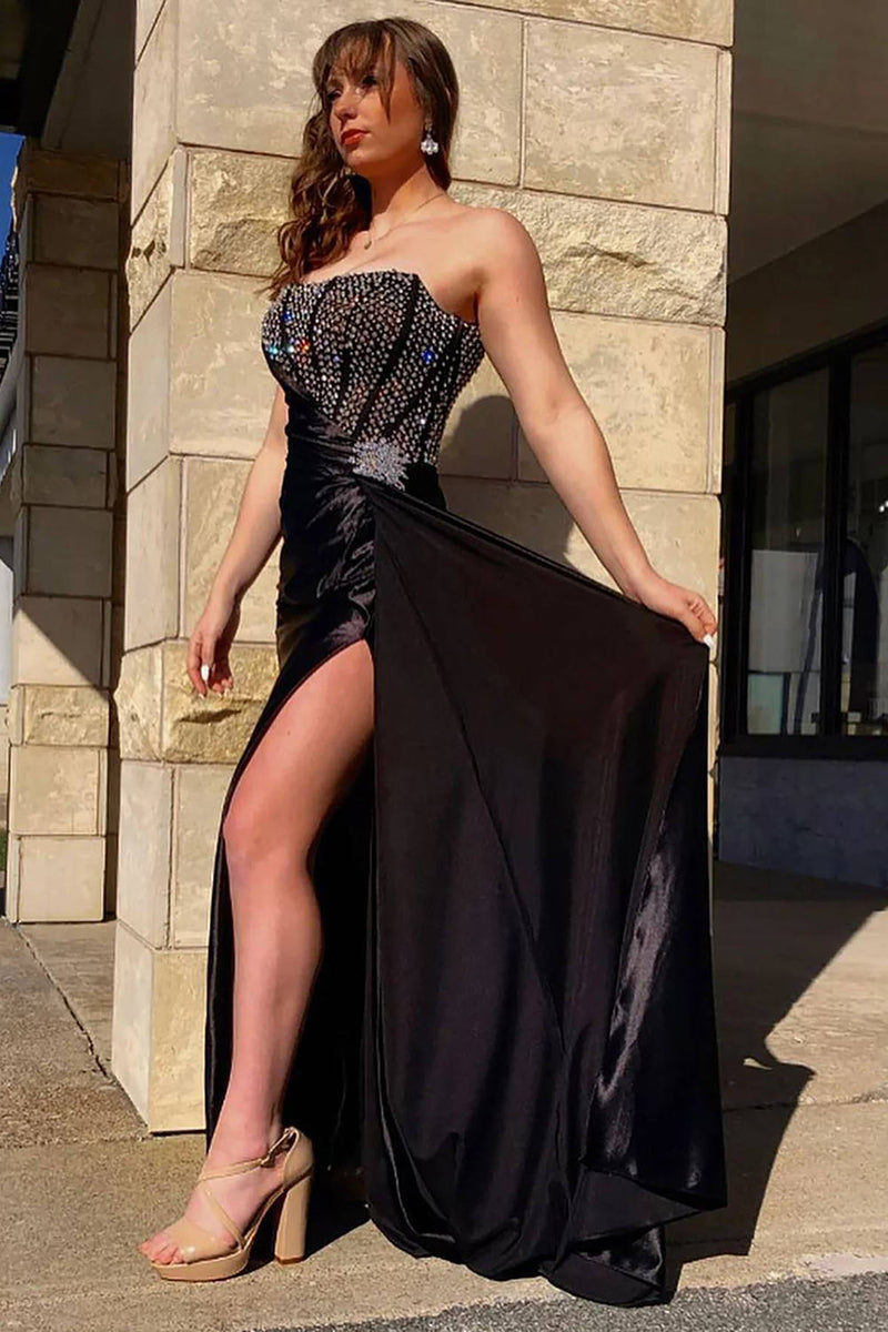 Load image into Gallery viewer, Strapless Beaded Black Prom Dress with Slit
