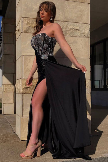 Strapless Beaded Black Prom Dress with Slit
