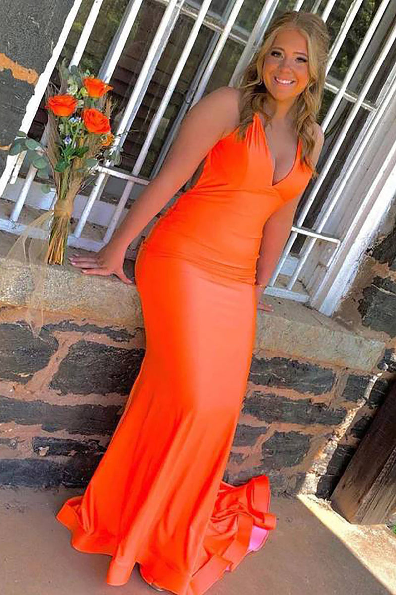 Load image into Gallery viewer, Mermaid Deep V-Neck Backless Orange Prom Dress