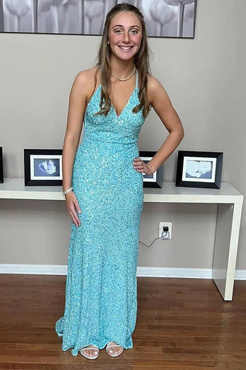 Sparkly Halter Sequins Light Blue Long Prom Dress